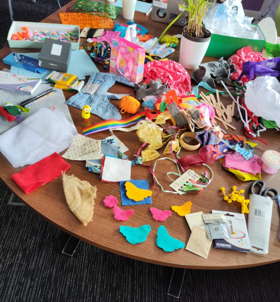 an array of materials laid out on a table top